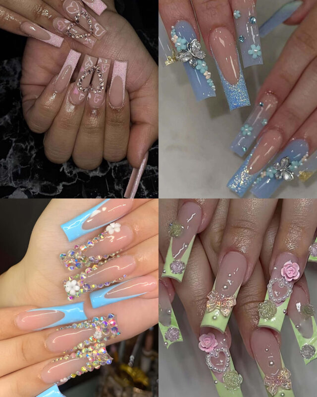 24Pcs Delicate Flower Long Square Nail Tips