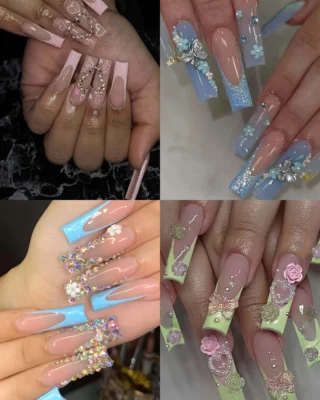 24Pcs Delicate Flower Long Square Nail Tips