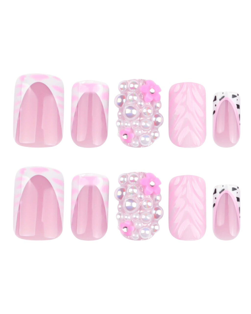 3D Pearls Square Fake Nails Pink And White - Image 3