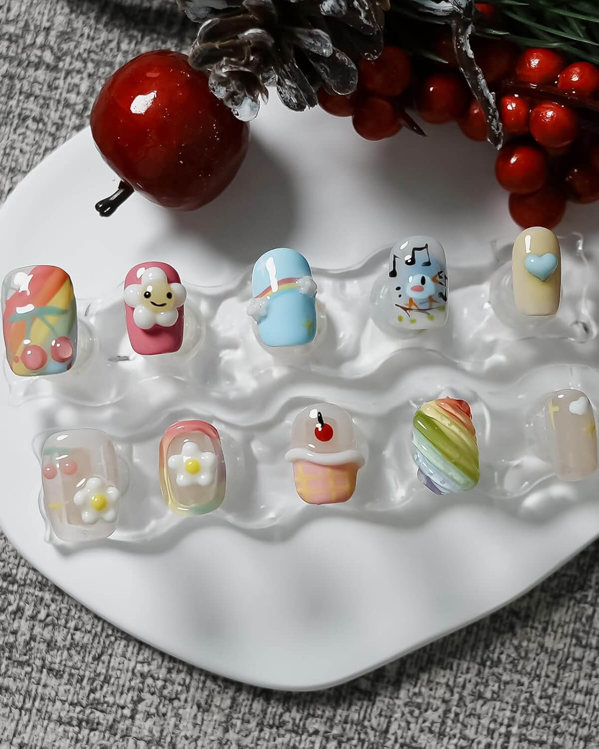 3D Rainbow Cartoon Cute False Nails Short Square for Girls - Image 3