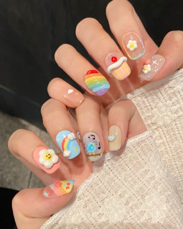 3D Rainbow Cartoon Cute False Nails Short Square for Girls - Image 4