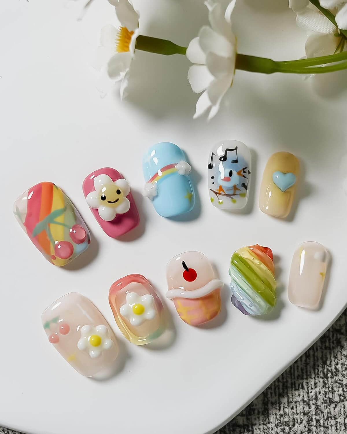 3D Rainbow Cartoon Cute False Nails Short Square for Girls