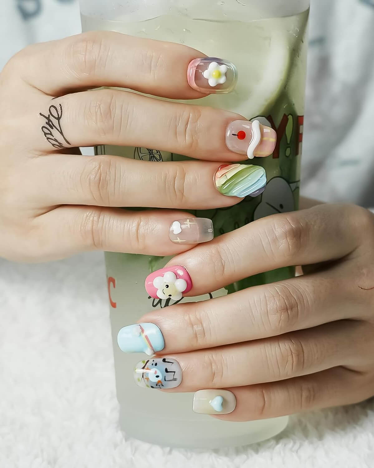 3D Rainbow Cartoon Cute False Nails Short Square for Girls - Image 2
