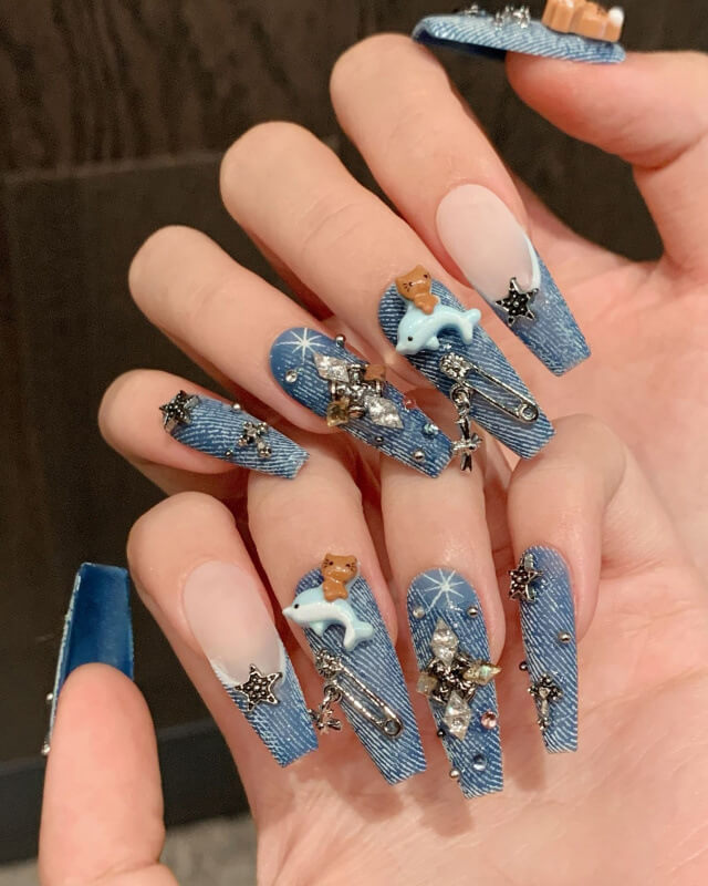 Blue Denim 3D Cartoon Cute Fake Press on Nails