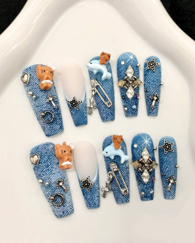 Alternative view of Blue Denim 3D Cartoon Cute Fake Press on Nails