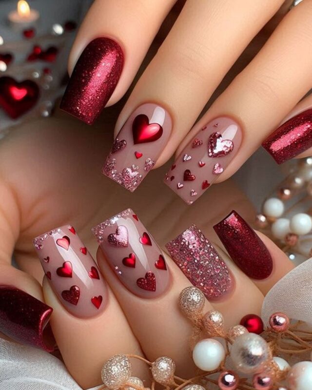 Burgundy Red Heart Fake Nails Short Square