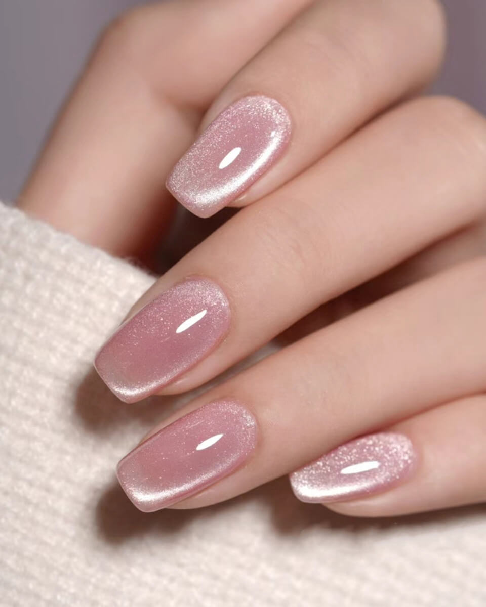 Light Pink Cat Eye Nails Wholesale Glitter Square Glue On Nails