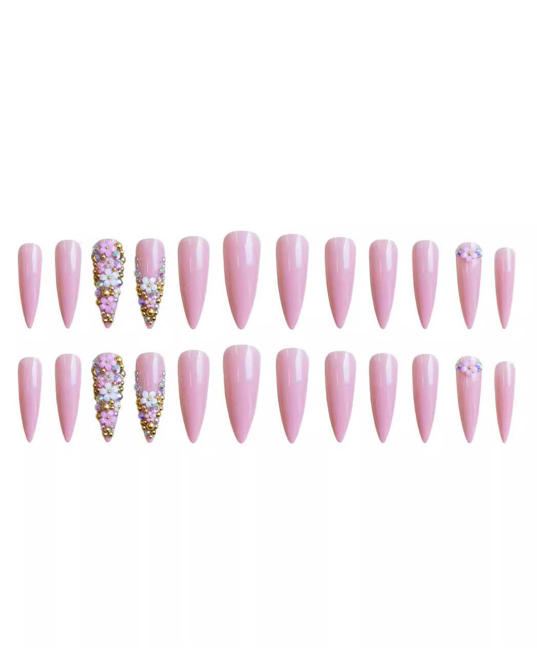 Cute Multi-Flower Long Pink Almond Nails Bulk - Image 6