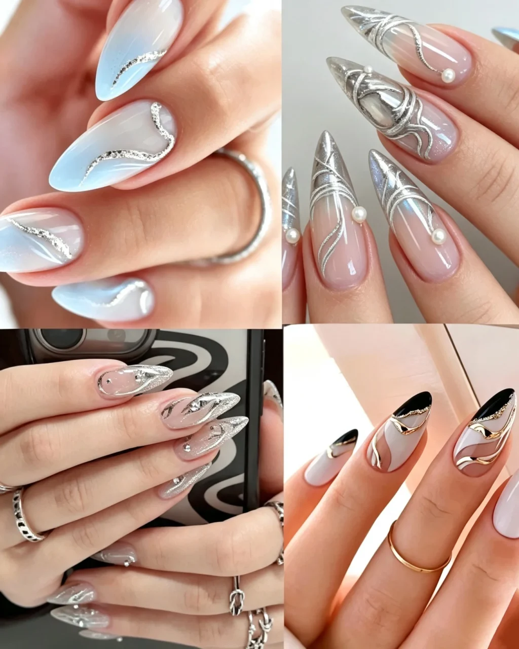 Elegant Silver Stripe Long Almond Press on Nails Bulk