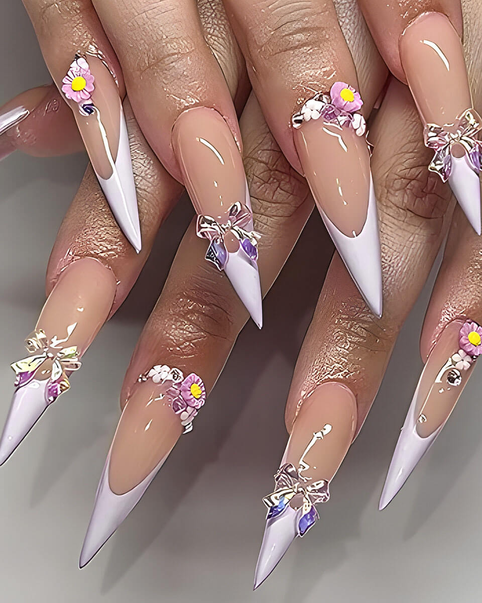 French 3D Sparkle Bow Fake Nails