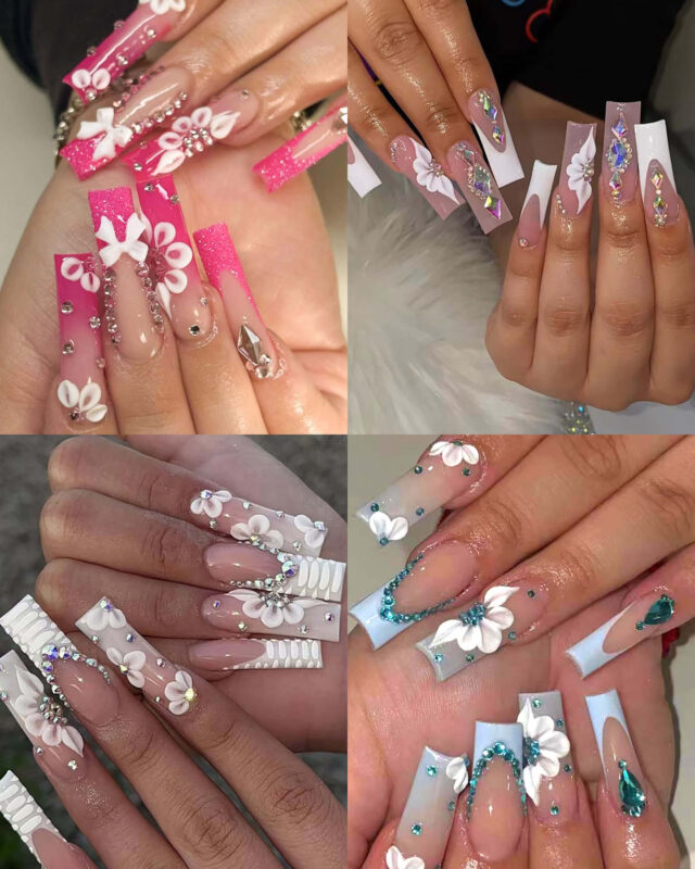 French Rhinestone Floral Press On Nails