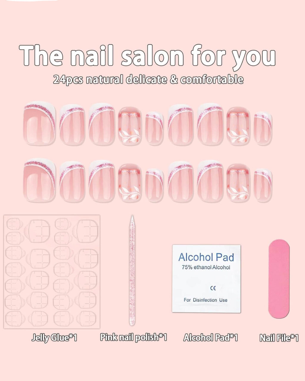 Glitter French White Leaf Artificial Stick on Nails Wholesale - Image 8