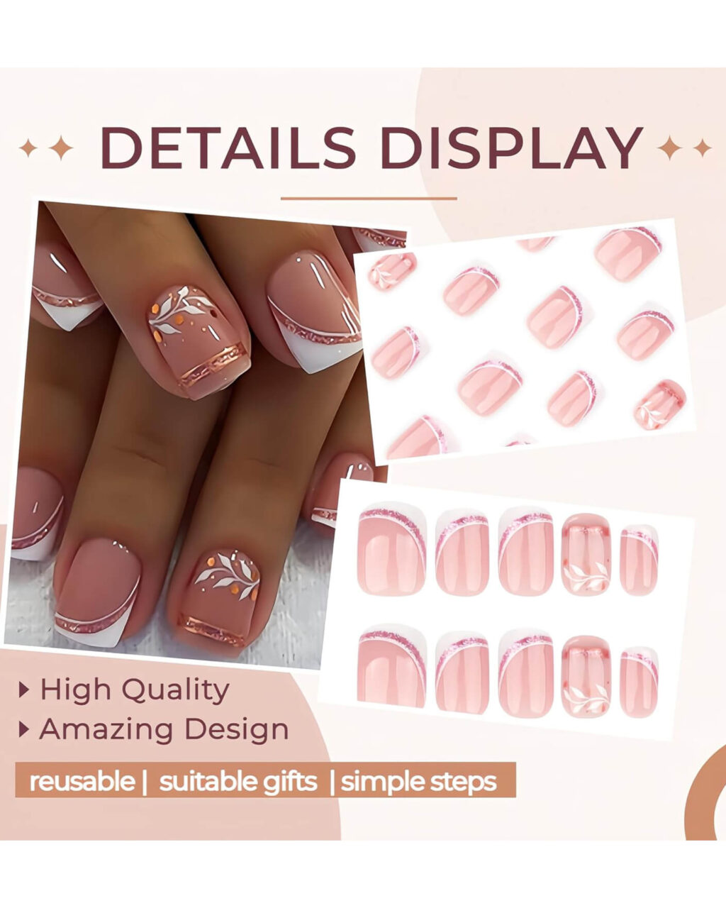 Glitter French White Leaf Artificial Stick on Nails Wholesale - Image 4