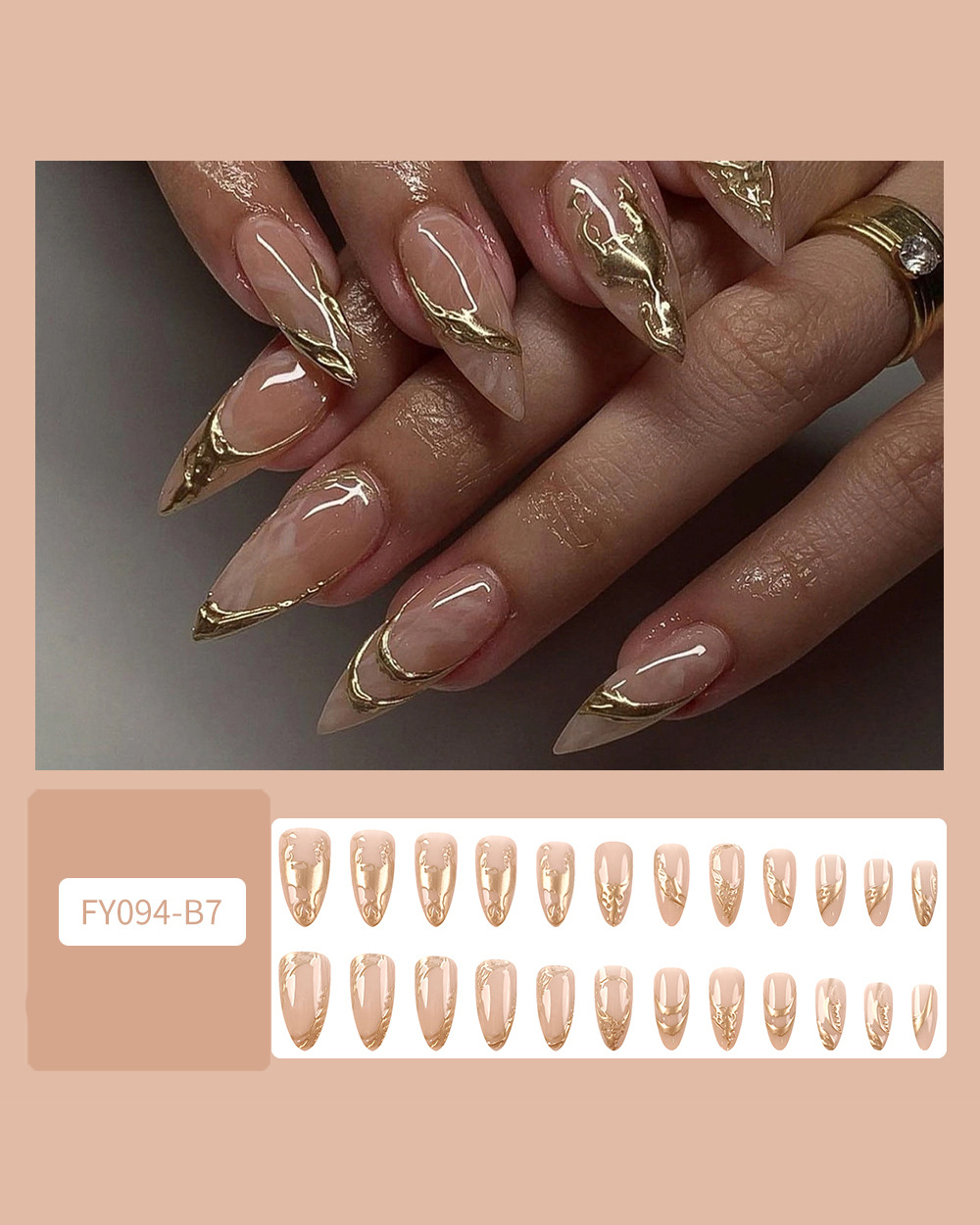 Gold Chrome Design Almond Nude Chrome Nails - Image 3