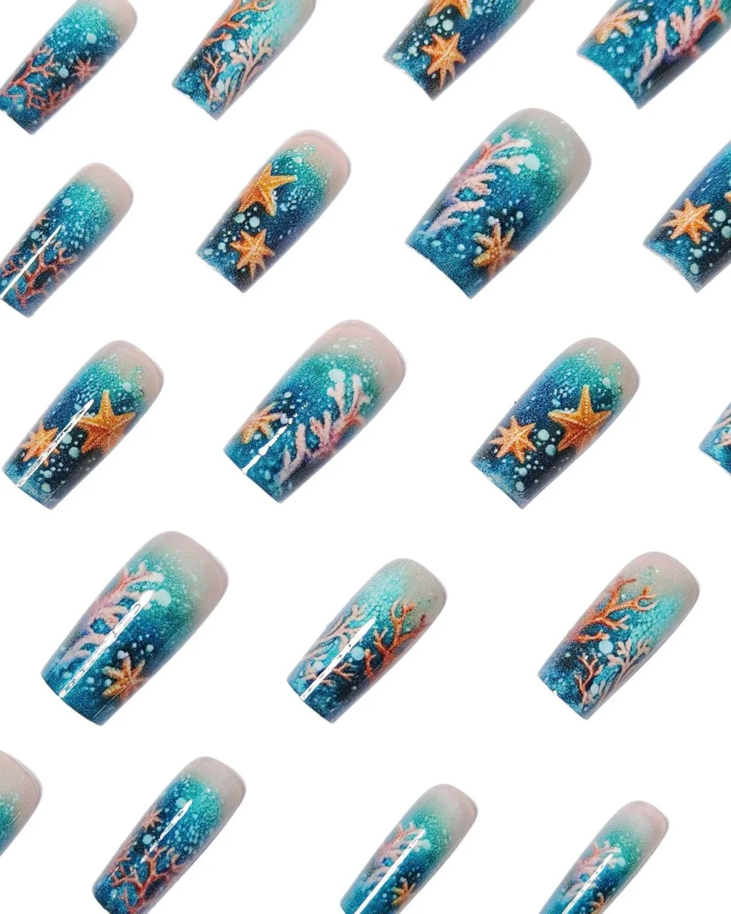Gradient Sea Blue Press on Nails Square for Women - Image 9