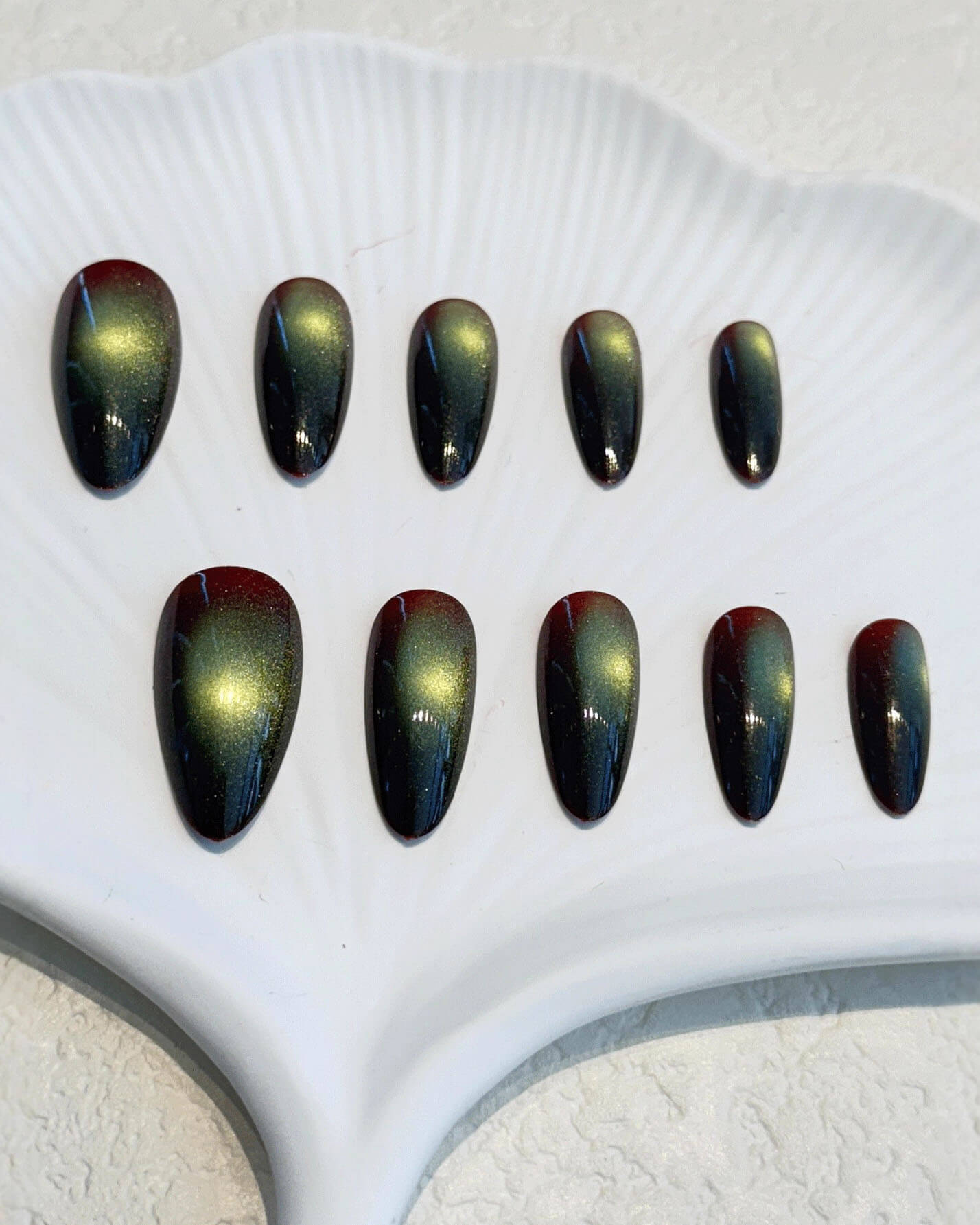 Green Cat Eye Medium Length Almond Nails - Image 6