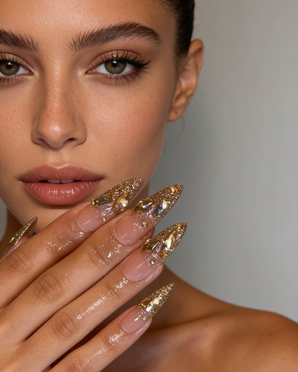 Alternative view of Luxury Rhinestone Gold Long Almond Nails Wholesale