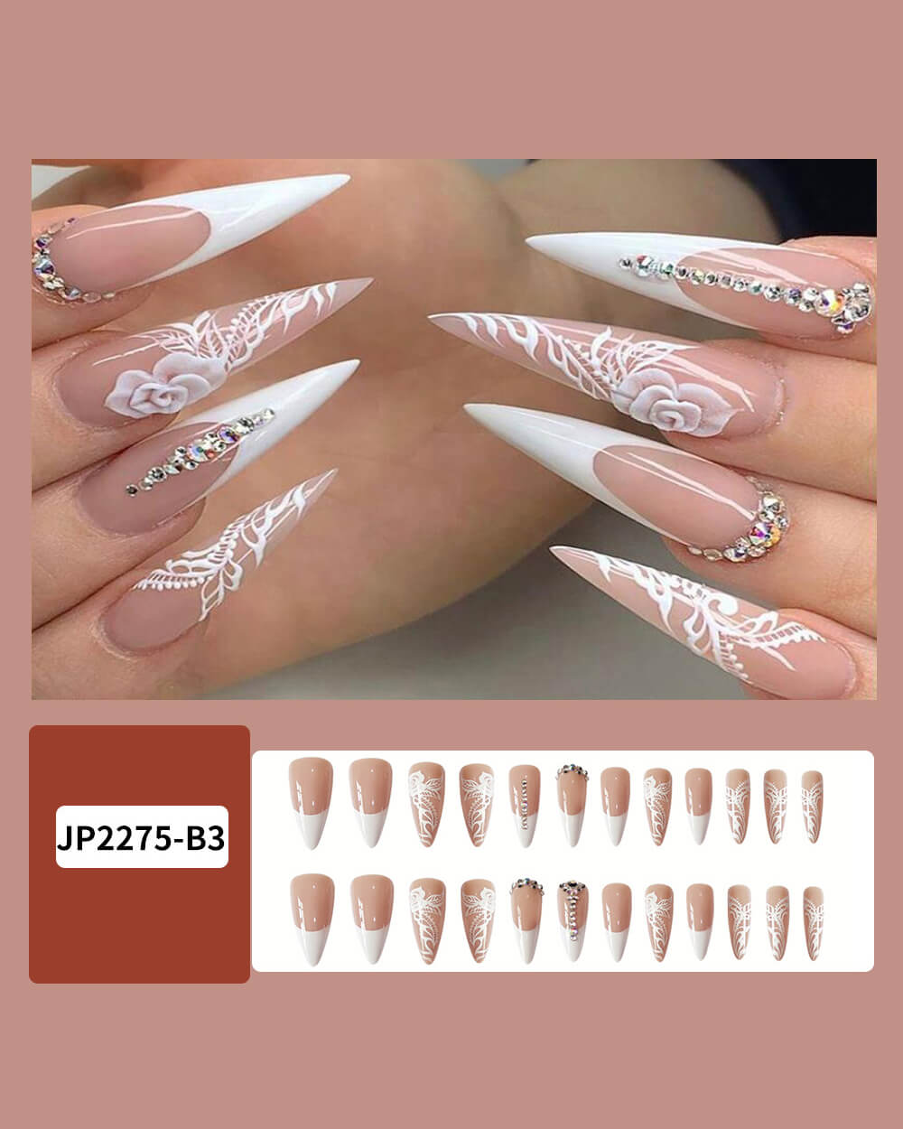 Nude White Long Stiletto Fake Nails For The Wedding - Image 3