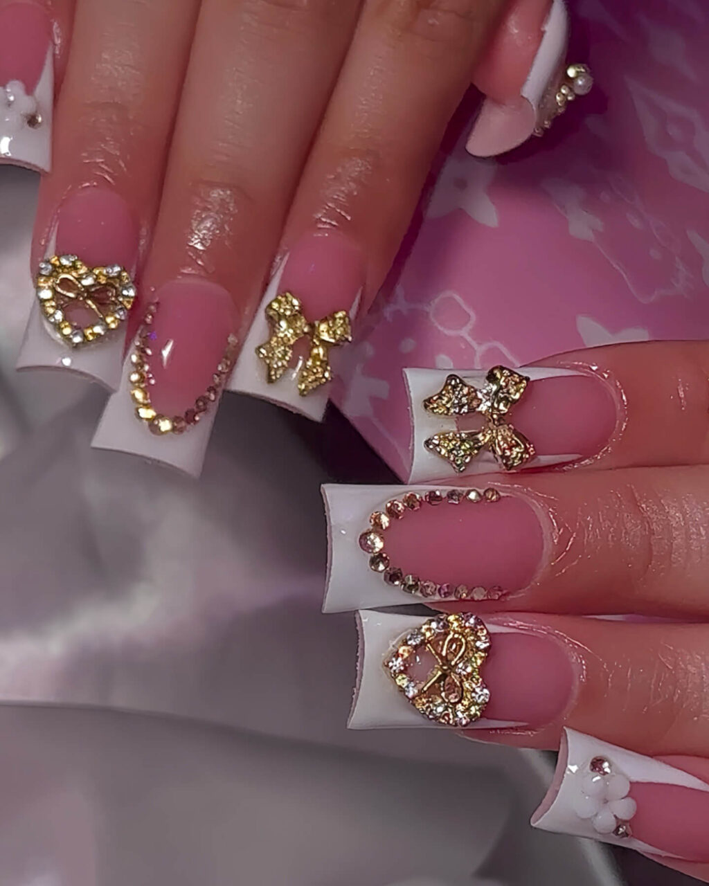 Pink White 3D Rhinestone French Tip Duck Nails - Image 3