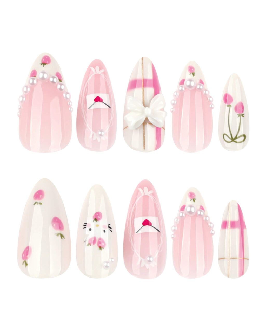 Sweet Cute Strawberry Pink Almond Acrylic Nails - Image 3