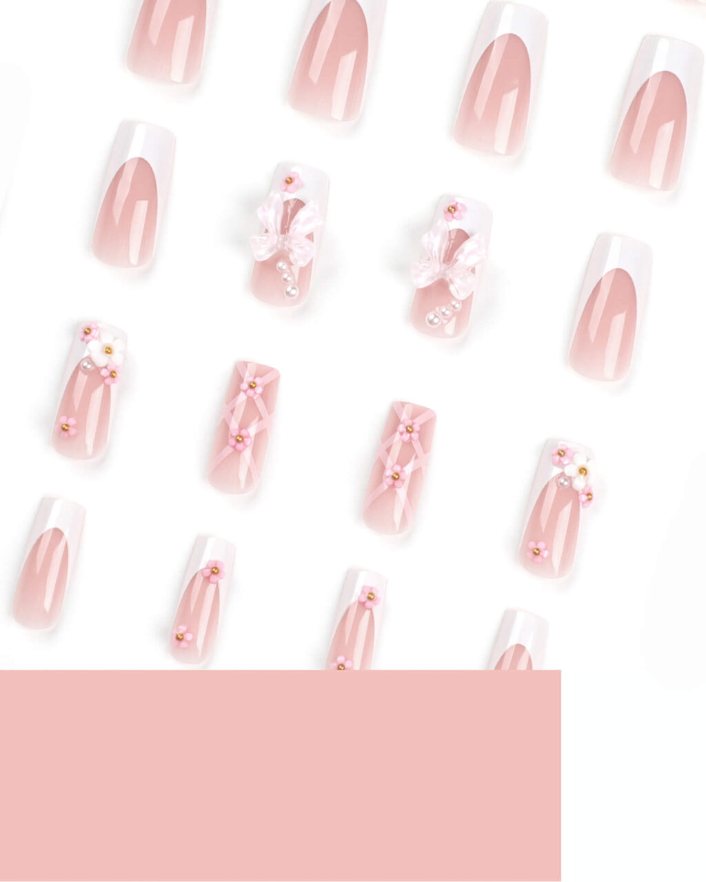 White French Tip Long Coffin Pink Nails with 3D Bowknot - Image 4