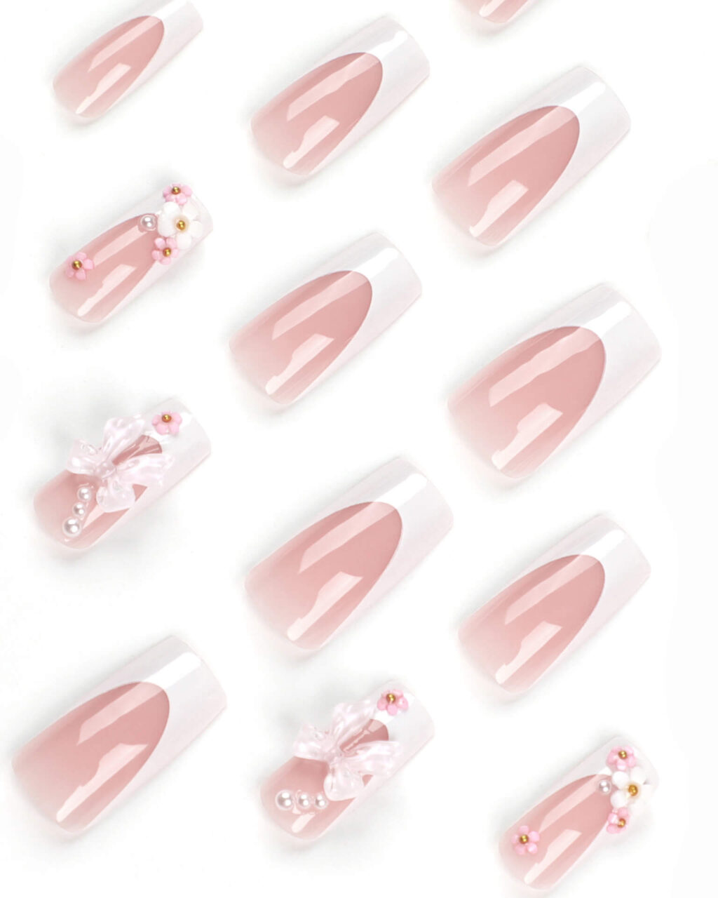 White French Tip Long Coffin Pink Nails with 3D Bowknot - Image 5