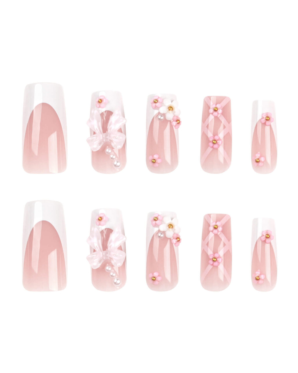 White French Tip Long Coffin Pink Nails with 3D Bowknot - Image 3
