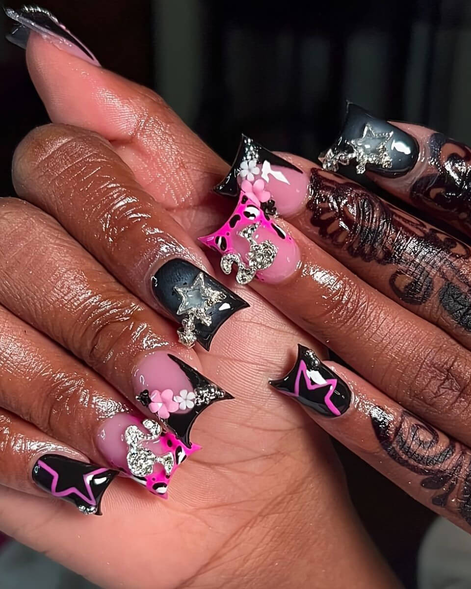 Alternative view of Y2K Black Gothic 3D Star Charm Short Duck Nails