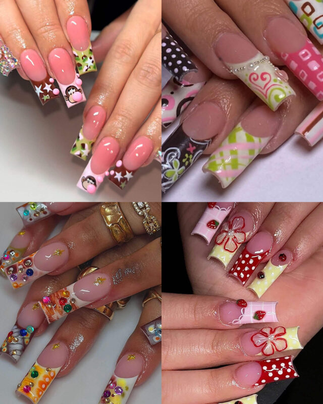 24Pcs Cute Long Square Nails French