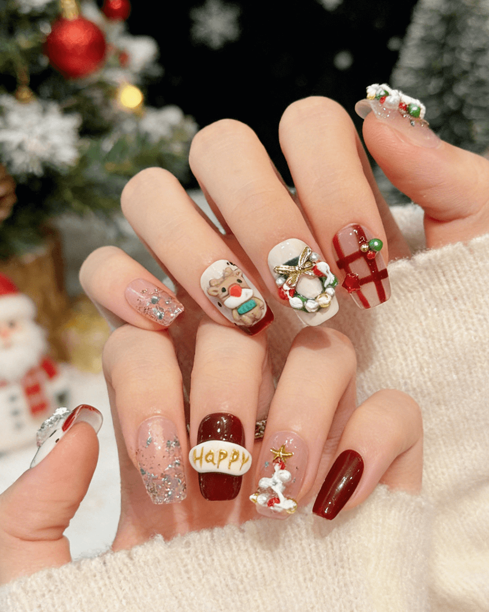 3D Cartoon Festive Press On Nails For Christmas