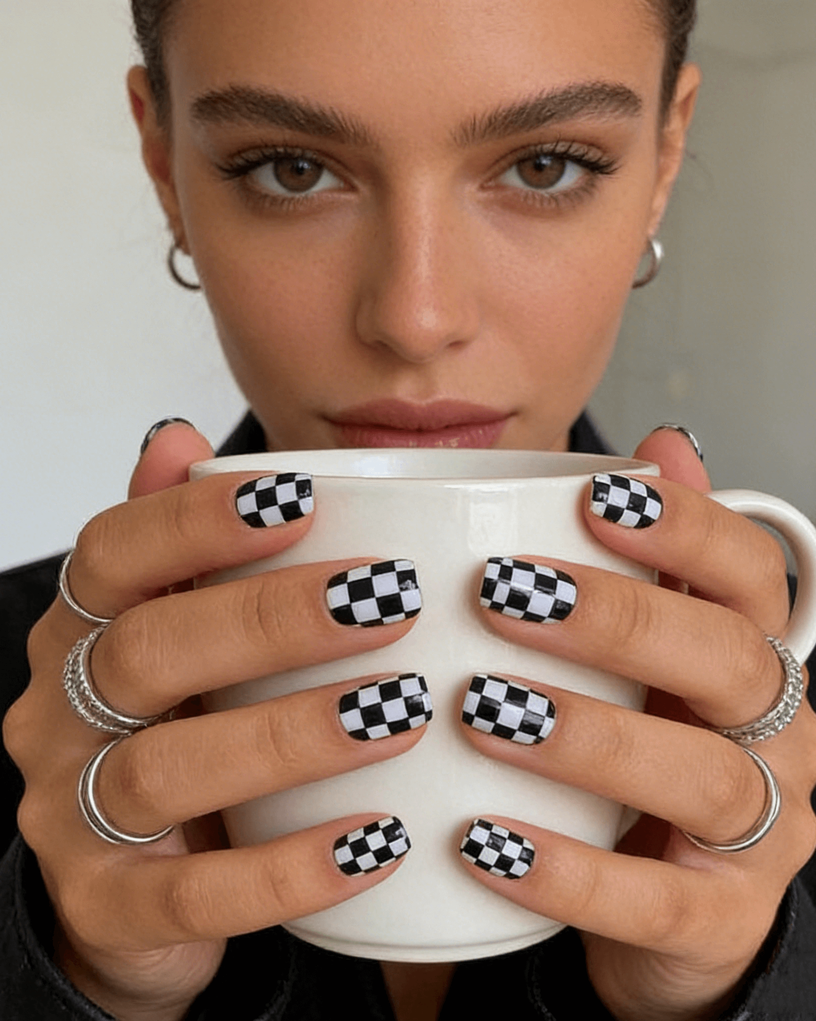 Black and White Checkerboard Nails Short Square