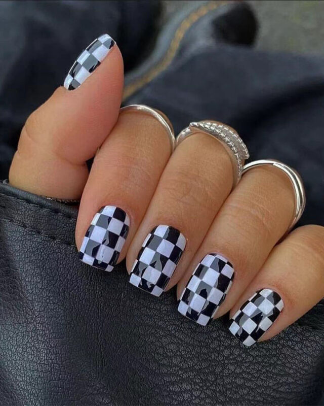 Black and White Checkerboard Nails Short Square show