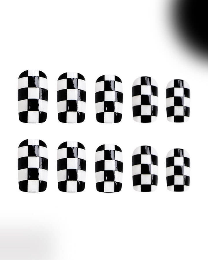 Black and White Checkerboard Nails Short Square