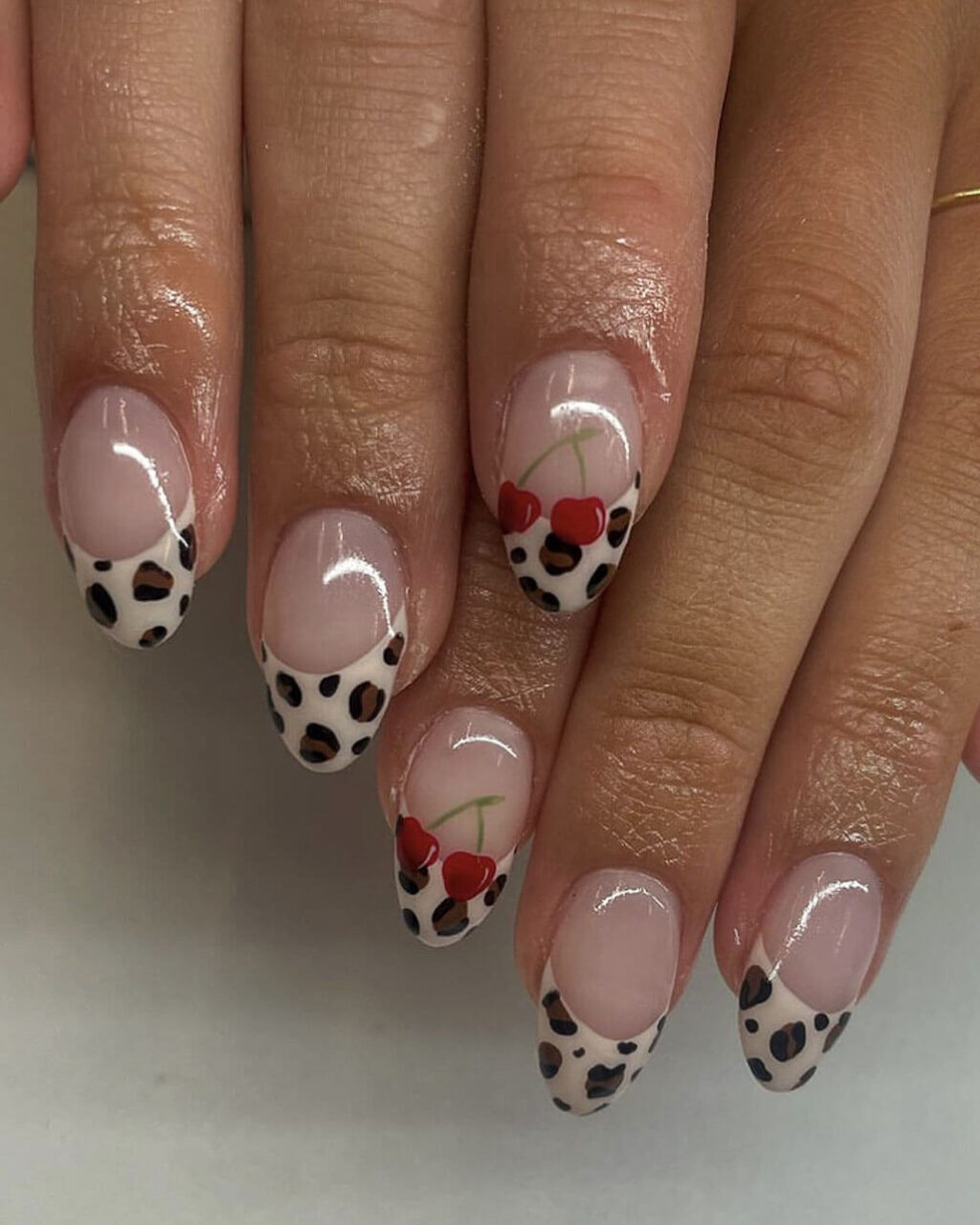 Chic French Leopard Print Almond Nails CHERRY