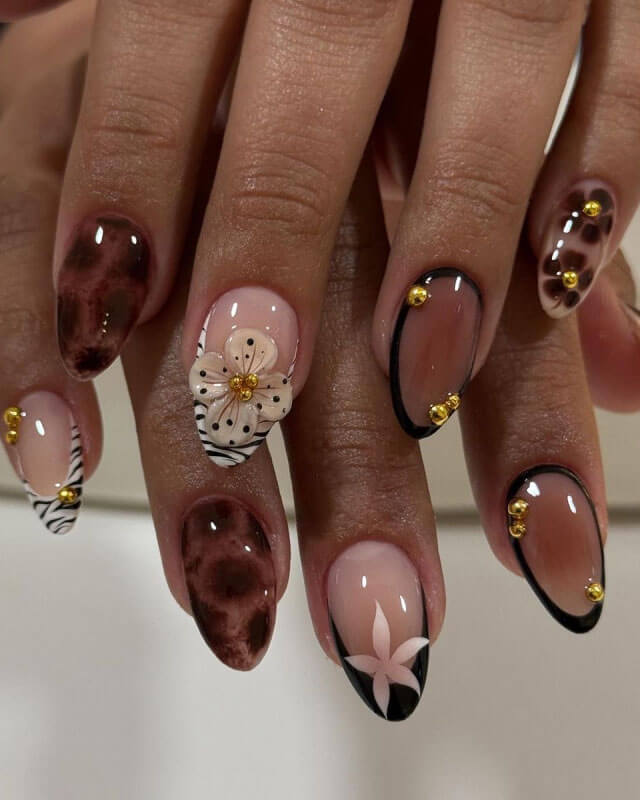 Chic French Leopard Print Almond Nails gold beads