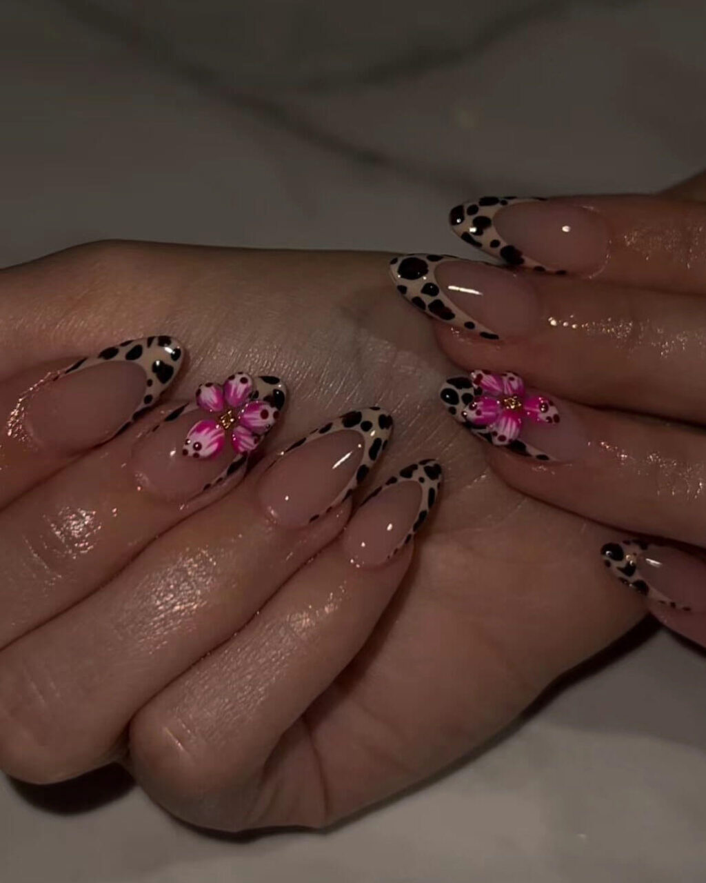 Chic French Leopard Print Almond Nails Petals