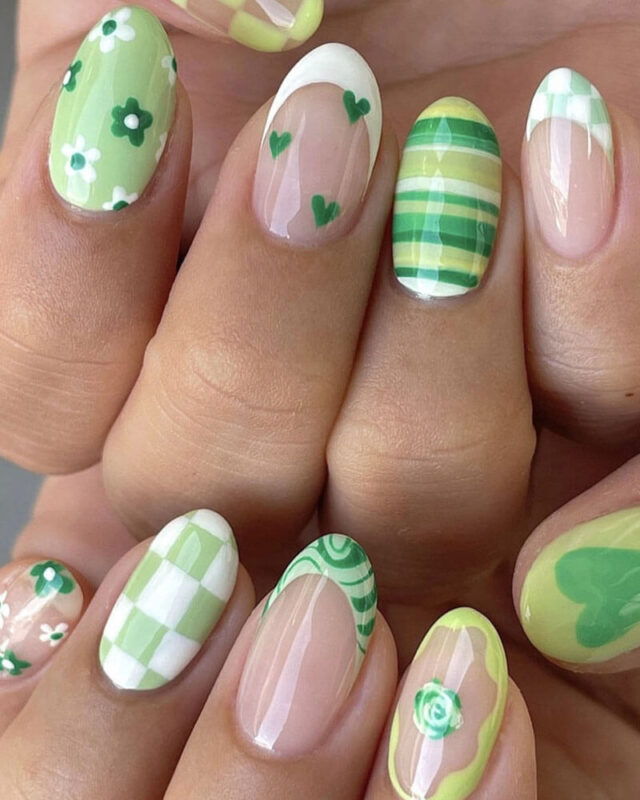Cute Green Stripes Short Oval Heart Nails