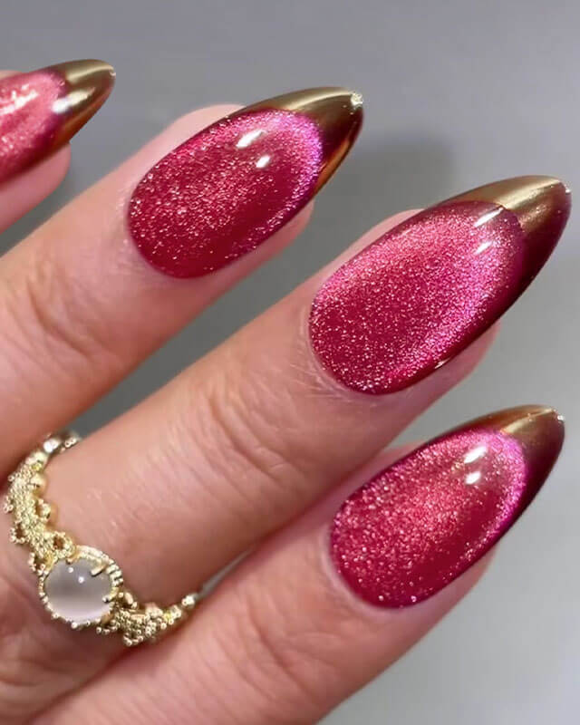 Gilded Burgundy Almond Cat Eye Nails Bulk
