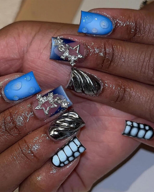 Glitter Short Square Zebra Tip Nails with Bow