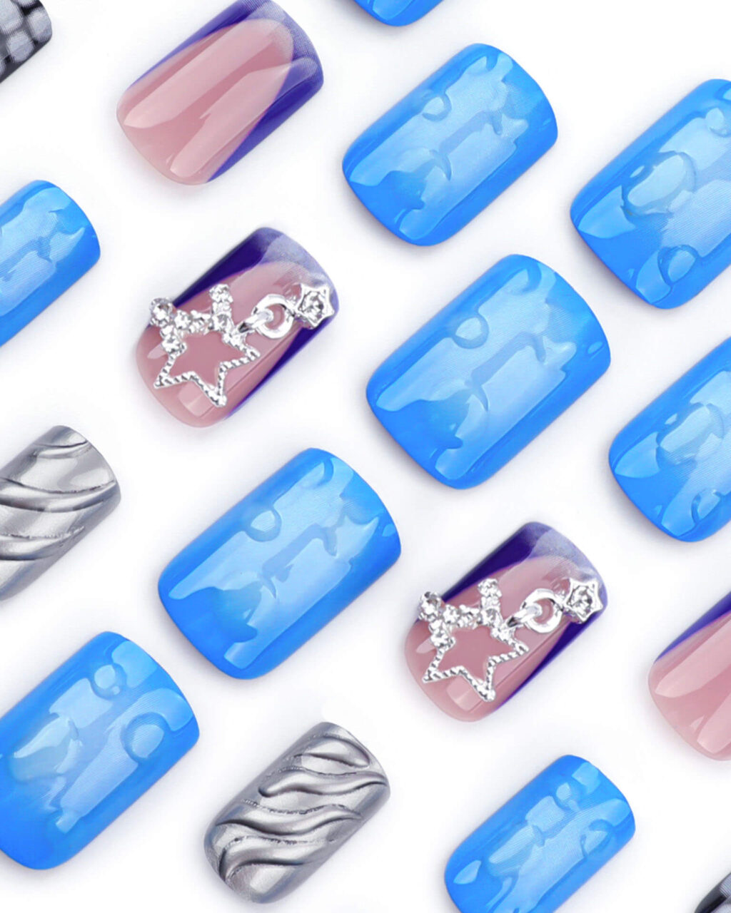 Glitter Short Square Zebra Tip Nails with Star - Image 3