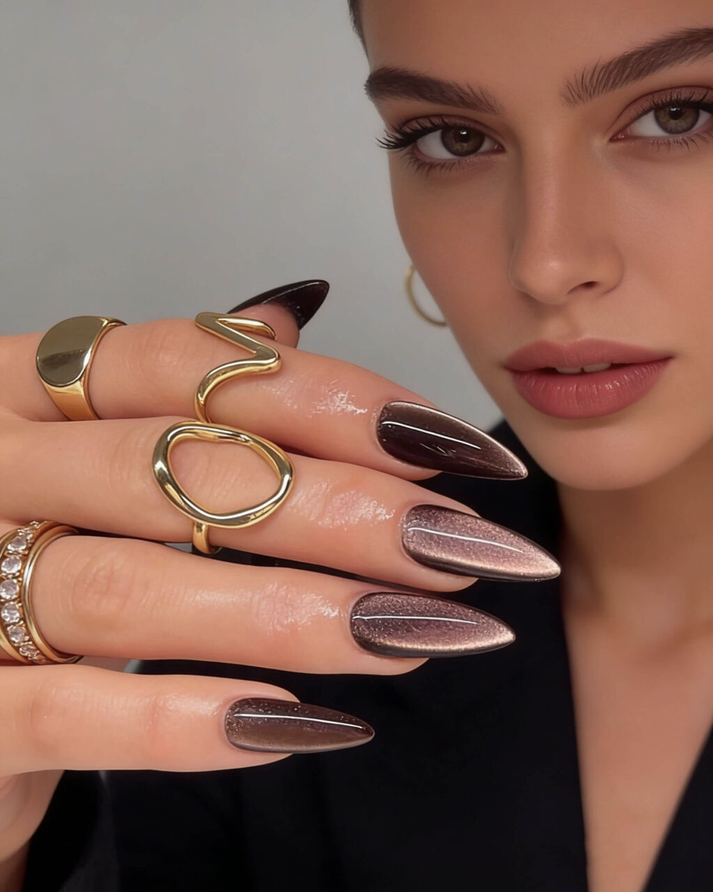 Alternative view of Glossy Brown Long Stiletto Cat Eye Nails