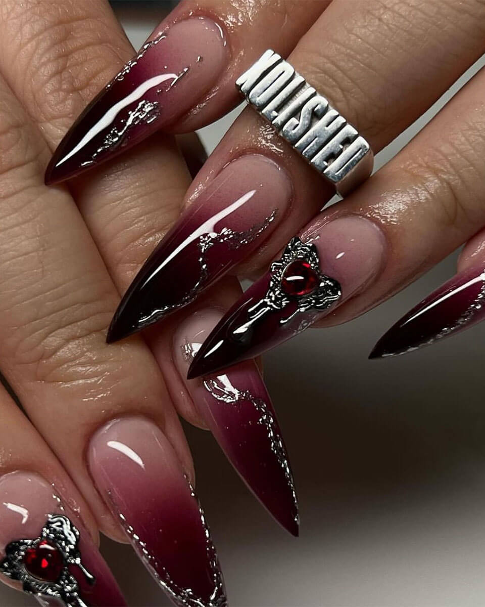 Gothic Glitter Gradient Extra Long Almond Nails with Heart