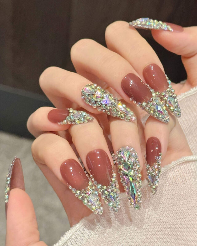 Long Glitter French Almond Nails Bulk