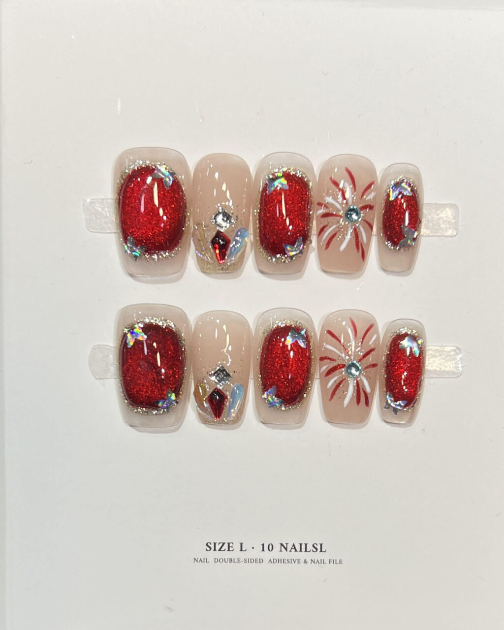 Alternative view of Romantic Red Acrylic Nails with Rhinestones