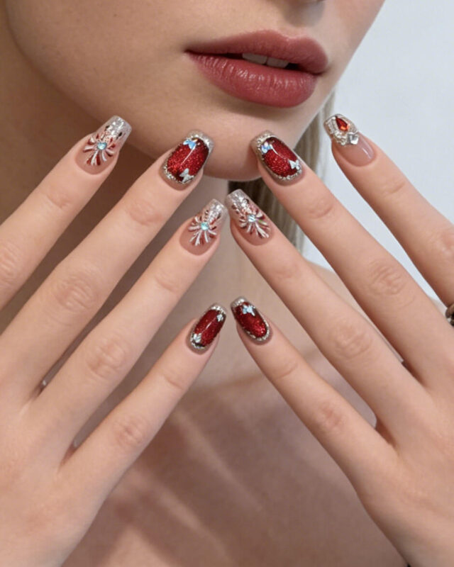 Romantic Red Acrylic Nails with Rhinestones