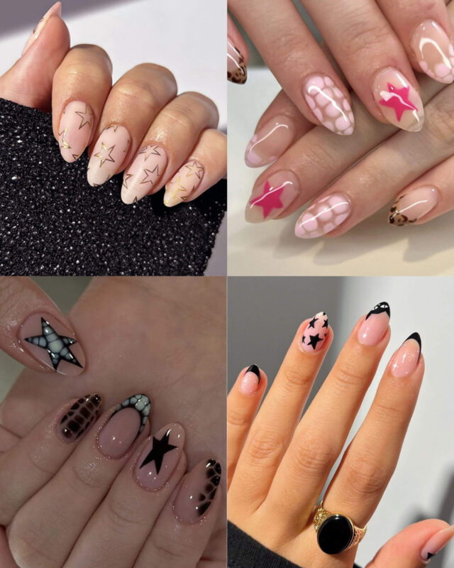 Trendy Short Almond Nails with Stars 24Pcs