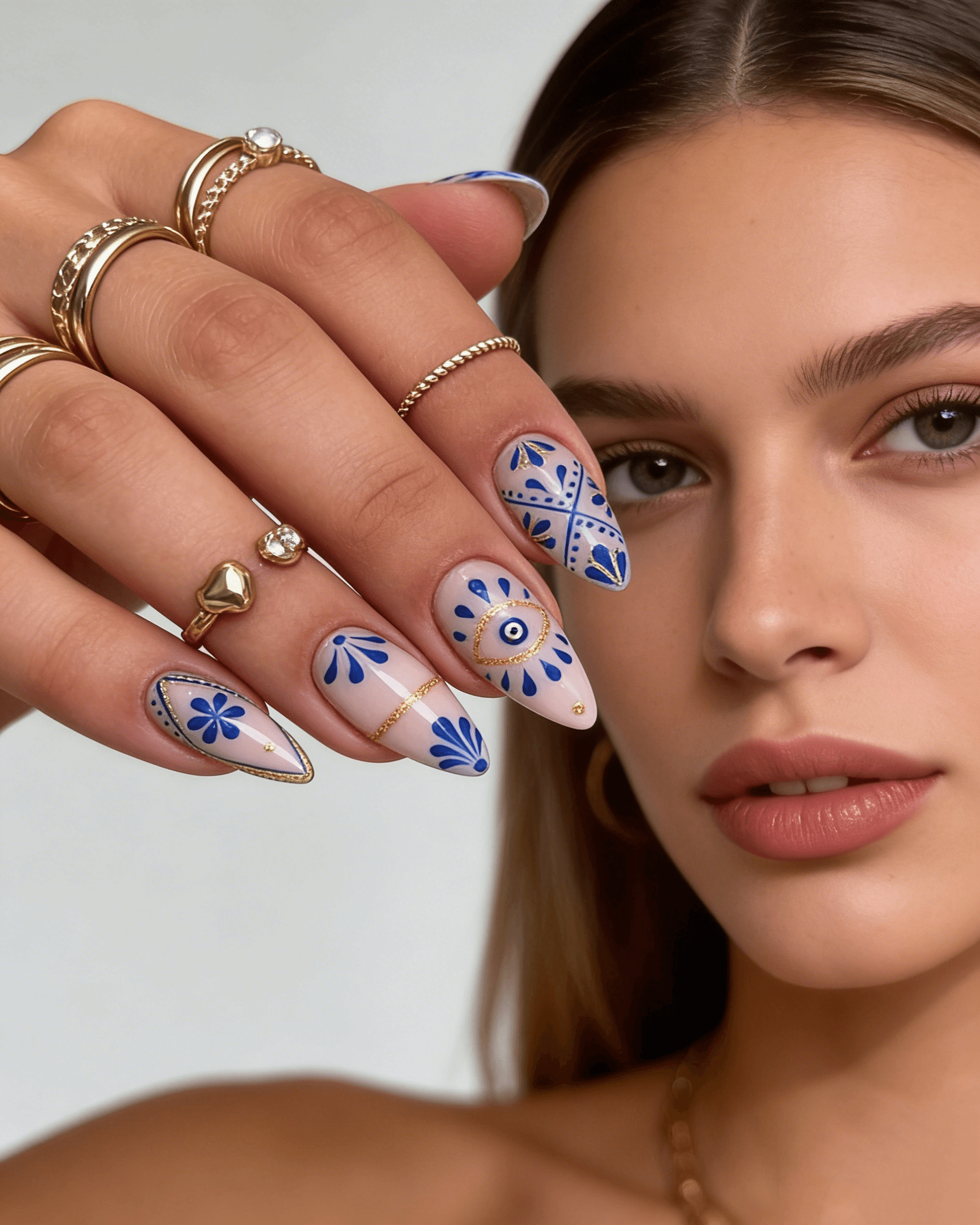 Classic White and Blue Porcelain Nails with Evil Eye - Image 2