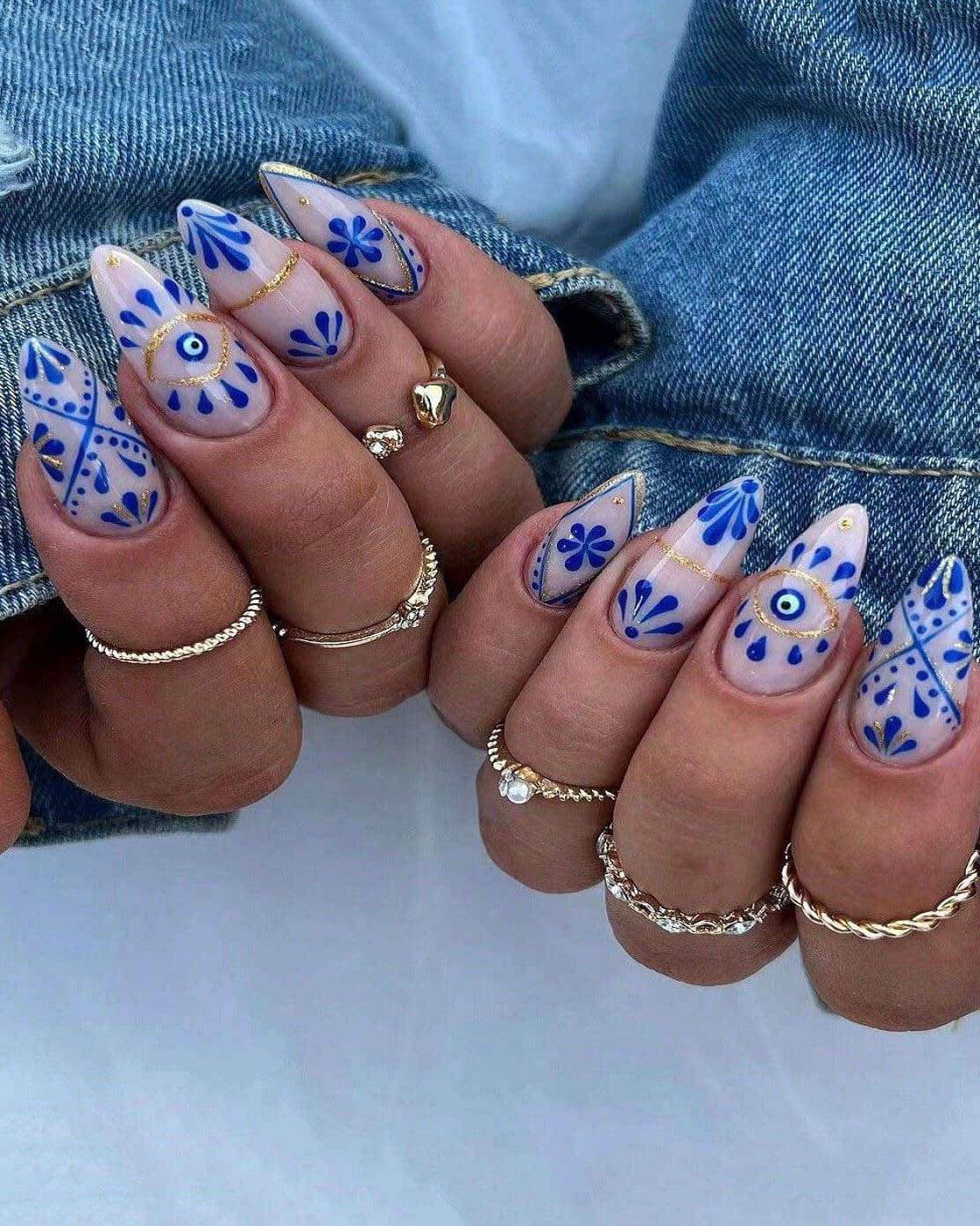 White and Blue Porcelain Nails with Evil Eye