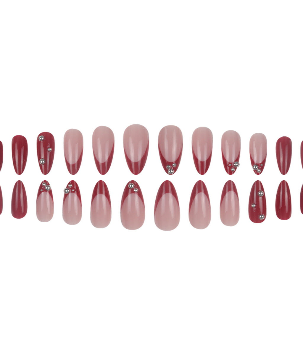 Almond Red French Tip Nails with Beads - Image 6