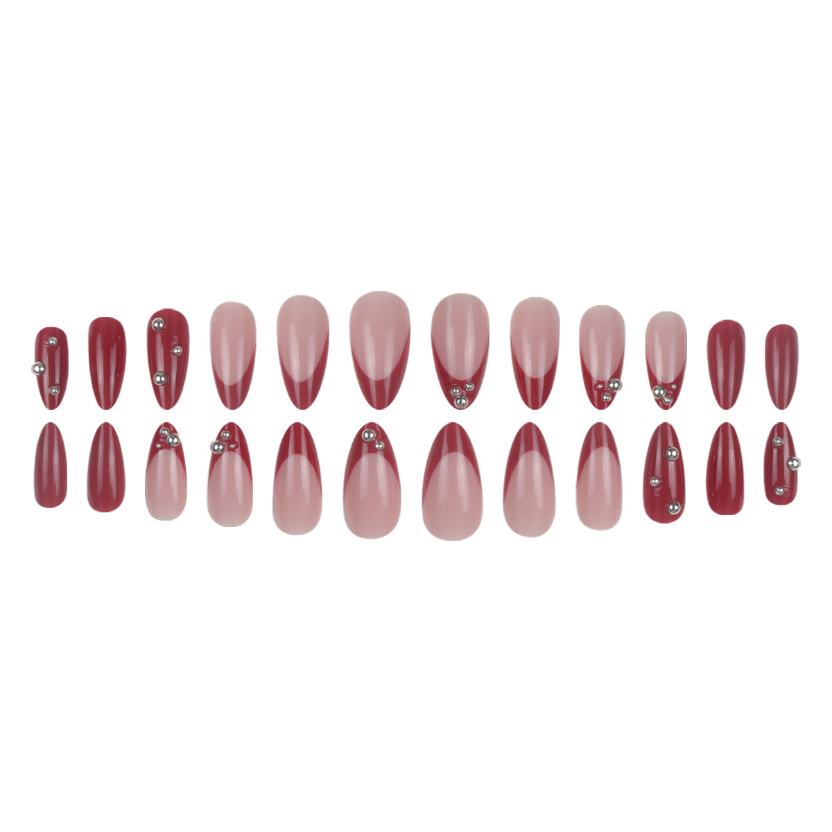 Almond Red French Tip Nails with Beads - Image 6